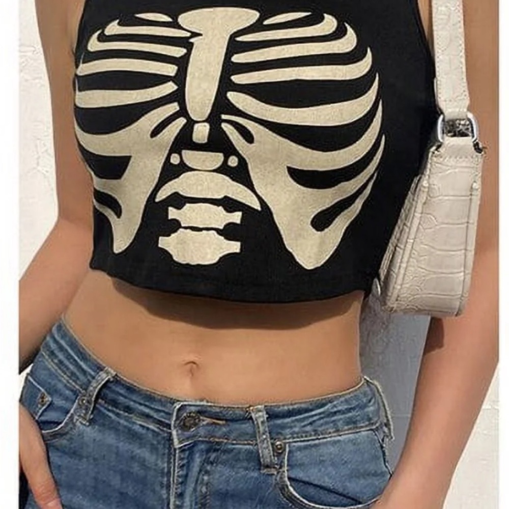 Black Crop Top with Skeleton Print